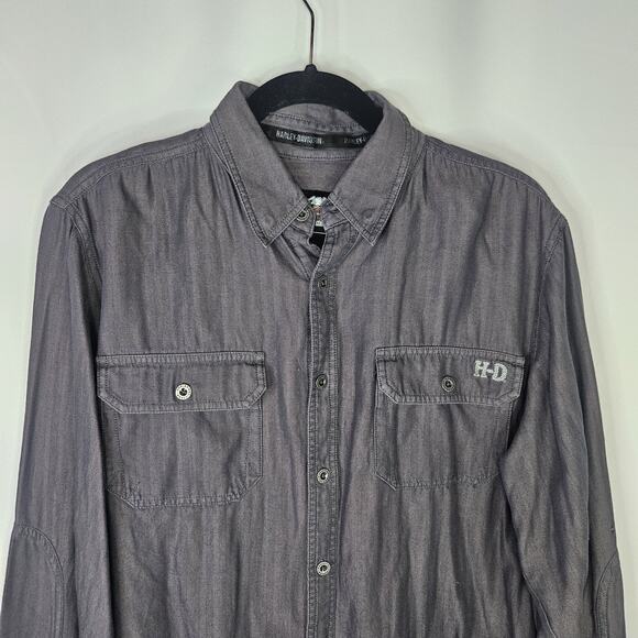 Harley-Davidson Shirt Men's XL Gray Long Sleeve Button Up Collared Pockets Logo - Picture 2 of 9